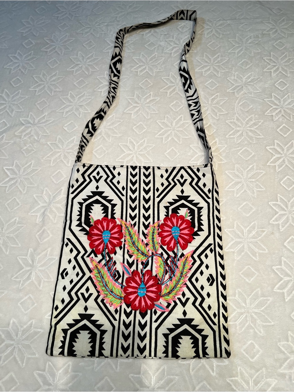Embroidered Floral Crossbody Bag - Black & White with Red Accents